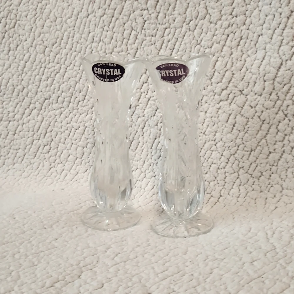 Vintage 90's 24% lead crystal etched glass scalloped opening set of 2 vases USA